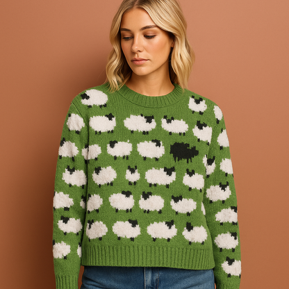 Retro knitted sweater with sheep pattern for women | Lieke