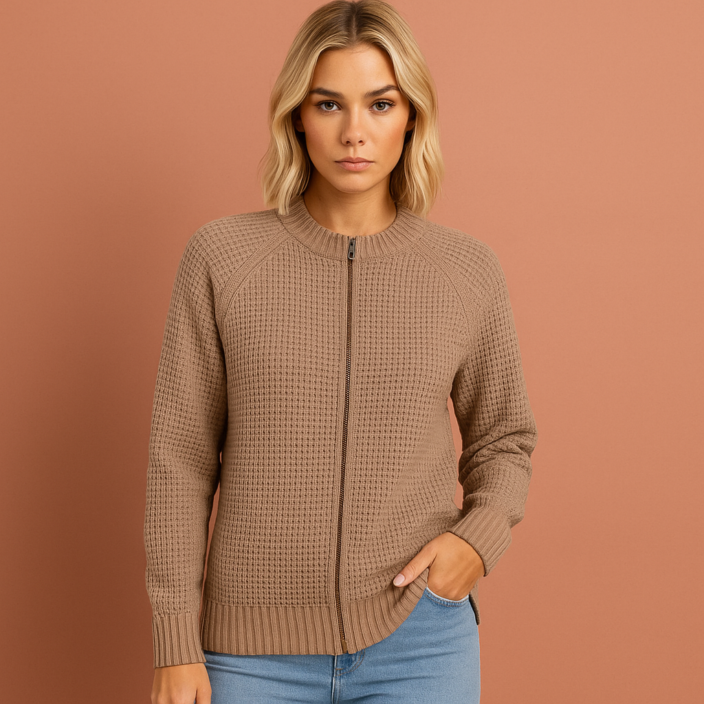 Knitted zip-up cardigan with round neck for women | Kate