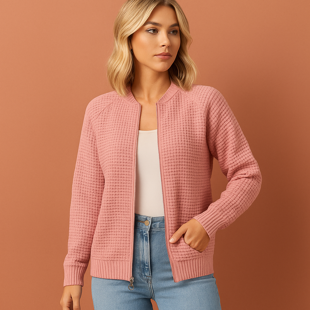 Knitted zip-up cardigan with round neck for women | Kate