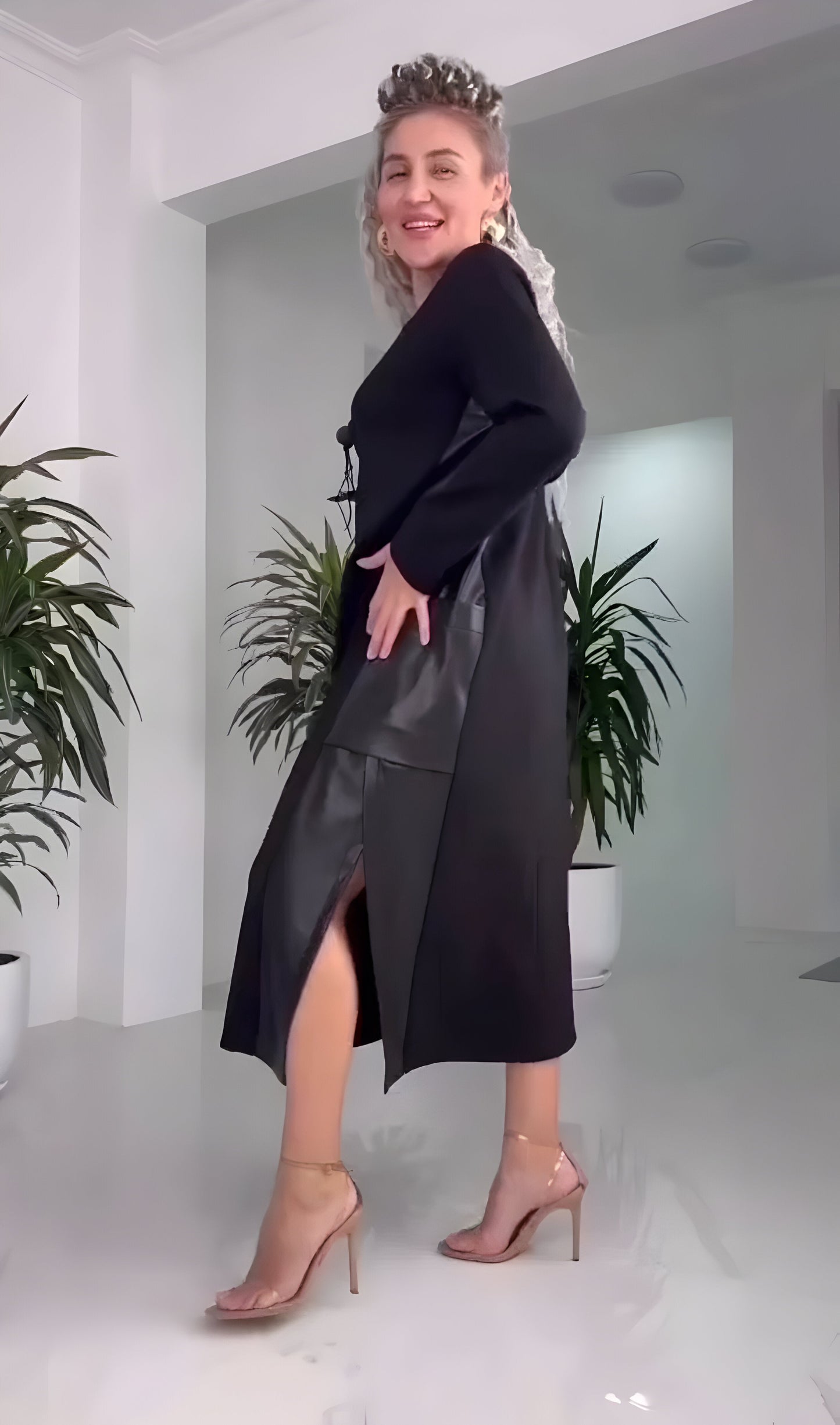 Narell™ | Elegant Midi Dress with Slit and Leather Accents