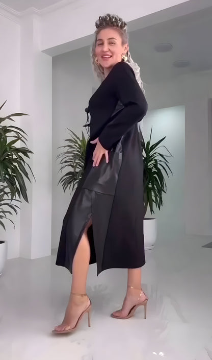 Narell™ | Elegant Midi Dress with Slit and Leather Accents
