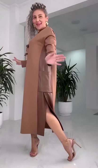 Narell™ | Elegant Midi Dress with Slit and Leather Accents