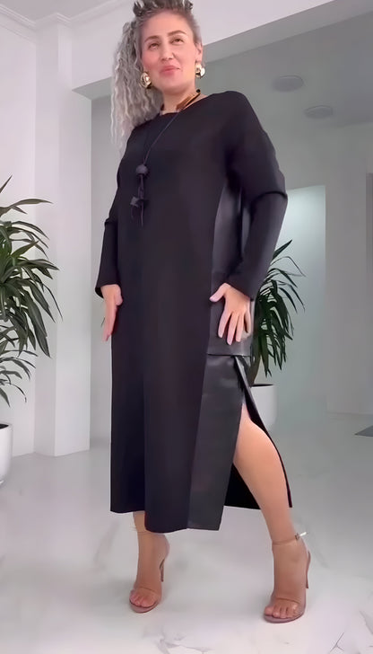 Narell™ | Elegant Midi Dress with Slit and Leather Accents