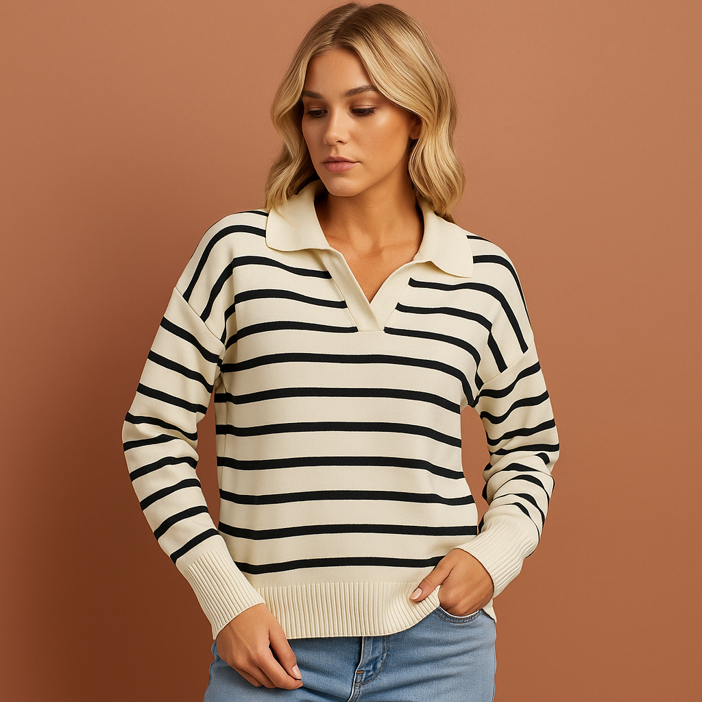 Casual long-sleeved polo with striped design for women | Lisa